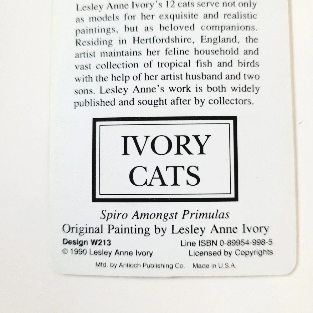 Vintage 90s Lesley Ivory Cats Card Bookmark- Spiro in Primulas 1990 Antioch W213